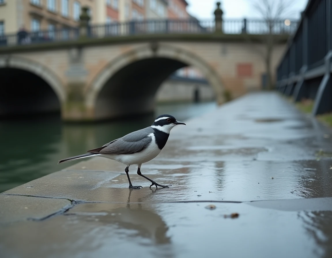 Petit oiseau gris et blanc marchant sur un quai urbain au bord d'un canal en ville