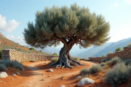 Olivier millénaire aux branches tordues dans un paysage méditerranéen rocheux, symbole biblique de paix et de sagesse spirituelle