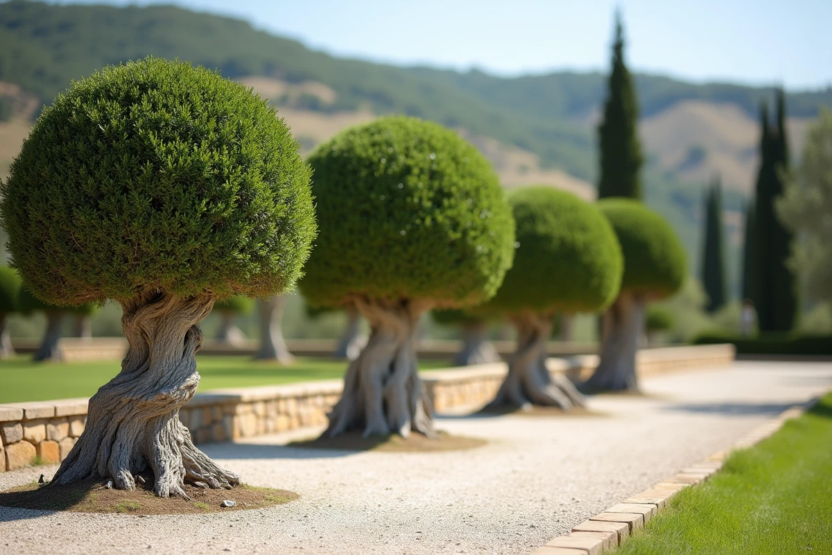 Trois oliviers taillés en nuage alignés dans un jardin formel de style provençal