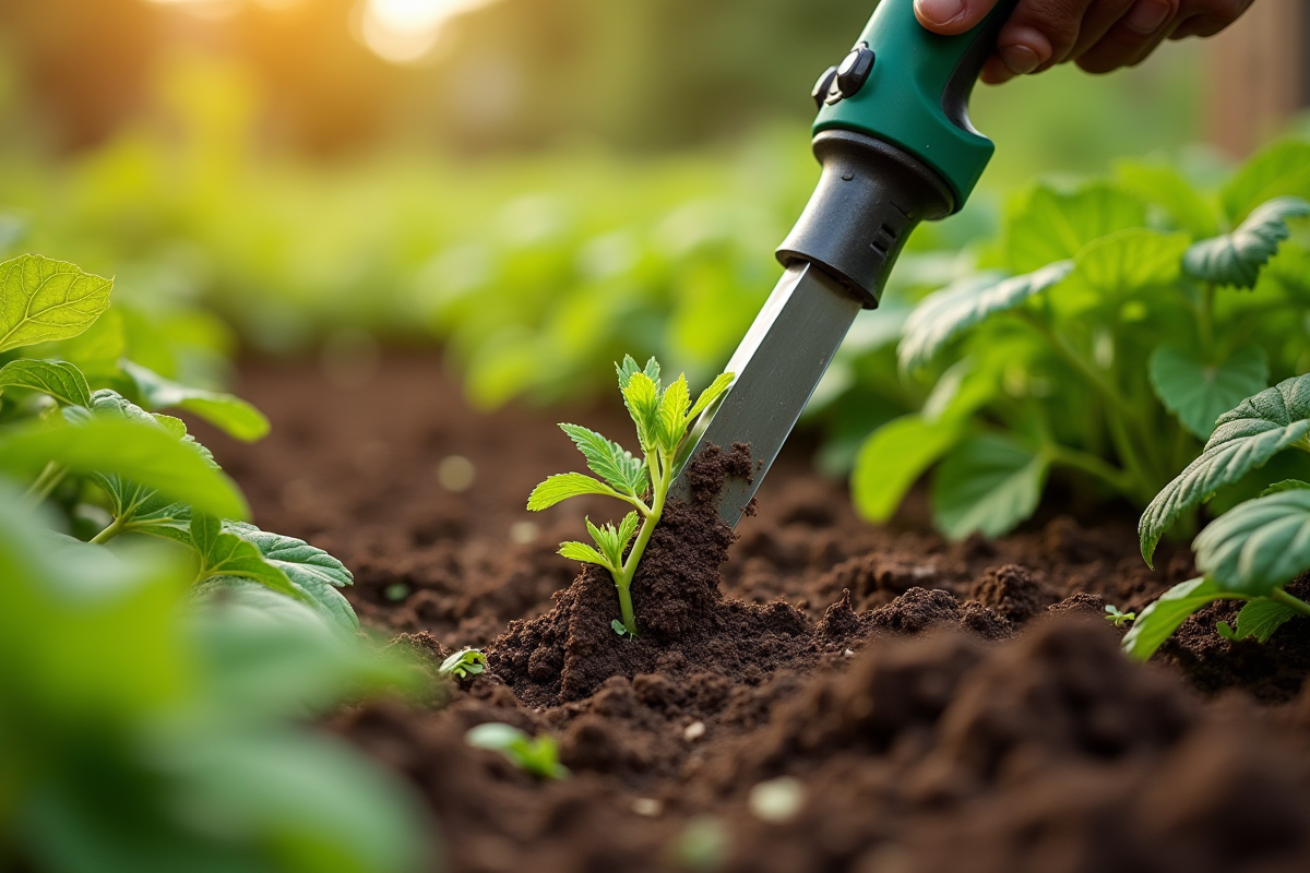 Gros plan d un outil de désherbage coupant les racines dans un potager sain