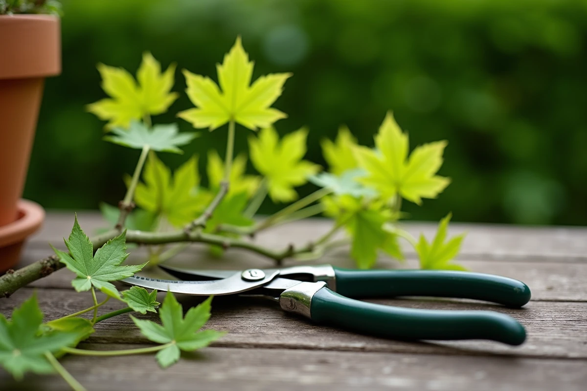 Cisailles de jardinage posées sur un établi à côté de rameaux taillés d'érable du Japon aux feuilles vertes découpées
