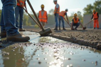 Ouvriers construisant un beton frais sous soleil