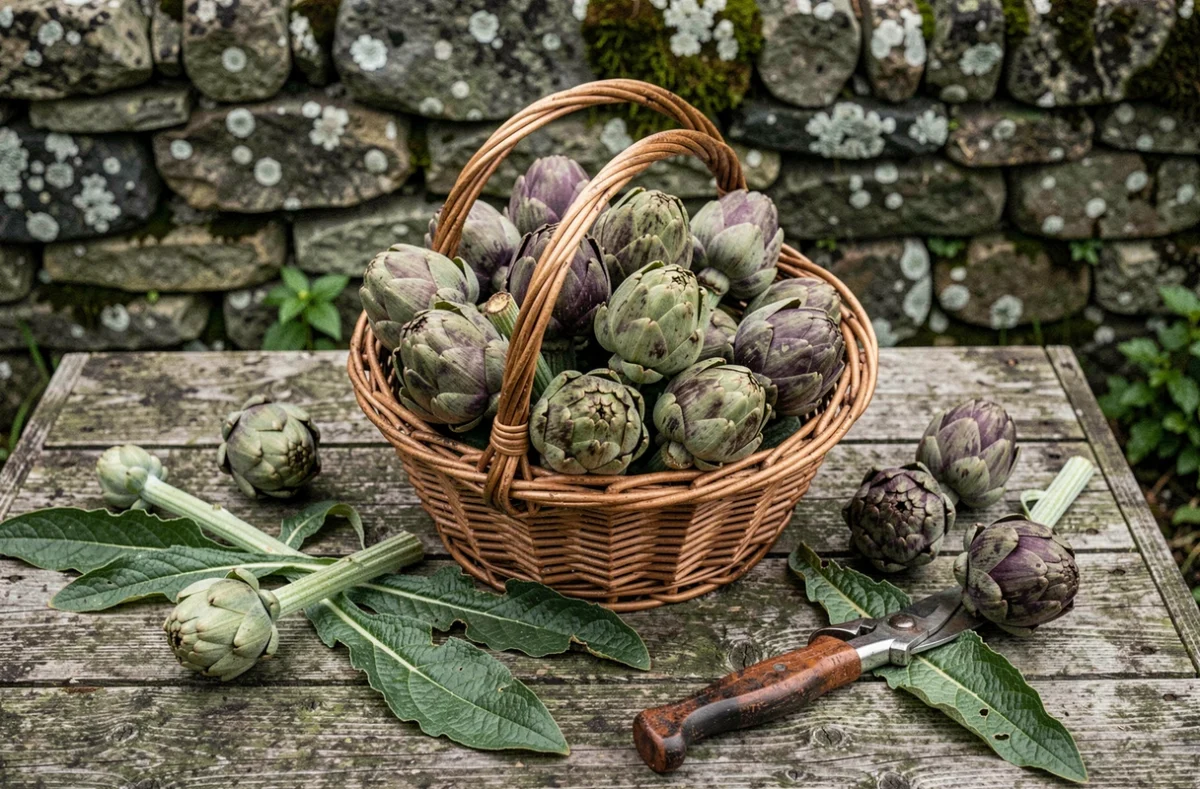 Panier d'artichauts fraîchement récoltés posé sur une table en bois dans un jardin potager breton