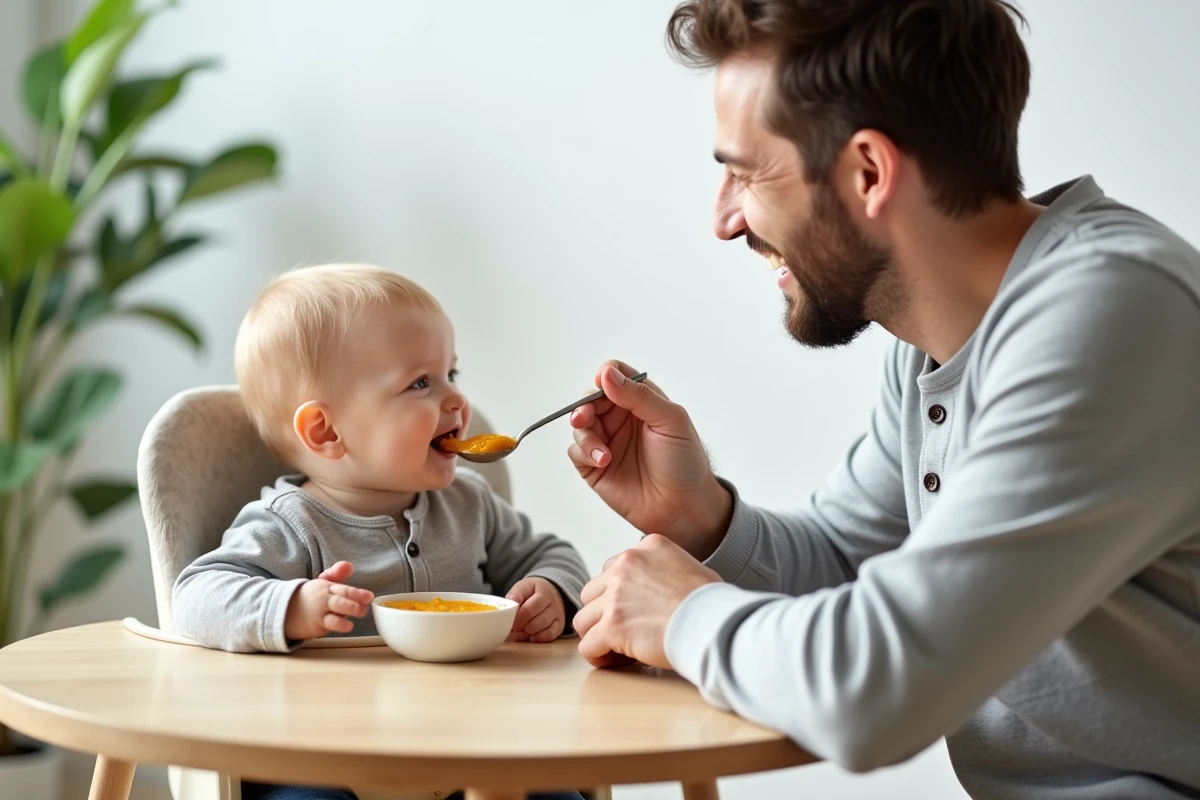 Papa nourrissant son bébé avec une purée de citrouille bleue maison dans une salle à manger scandinave