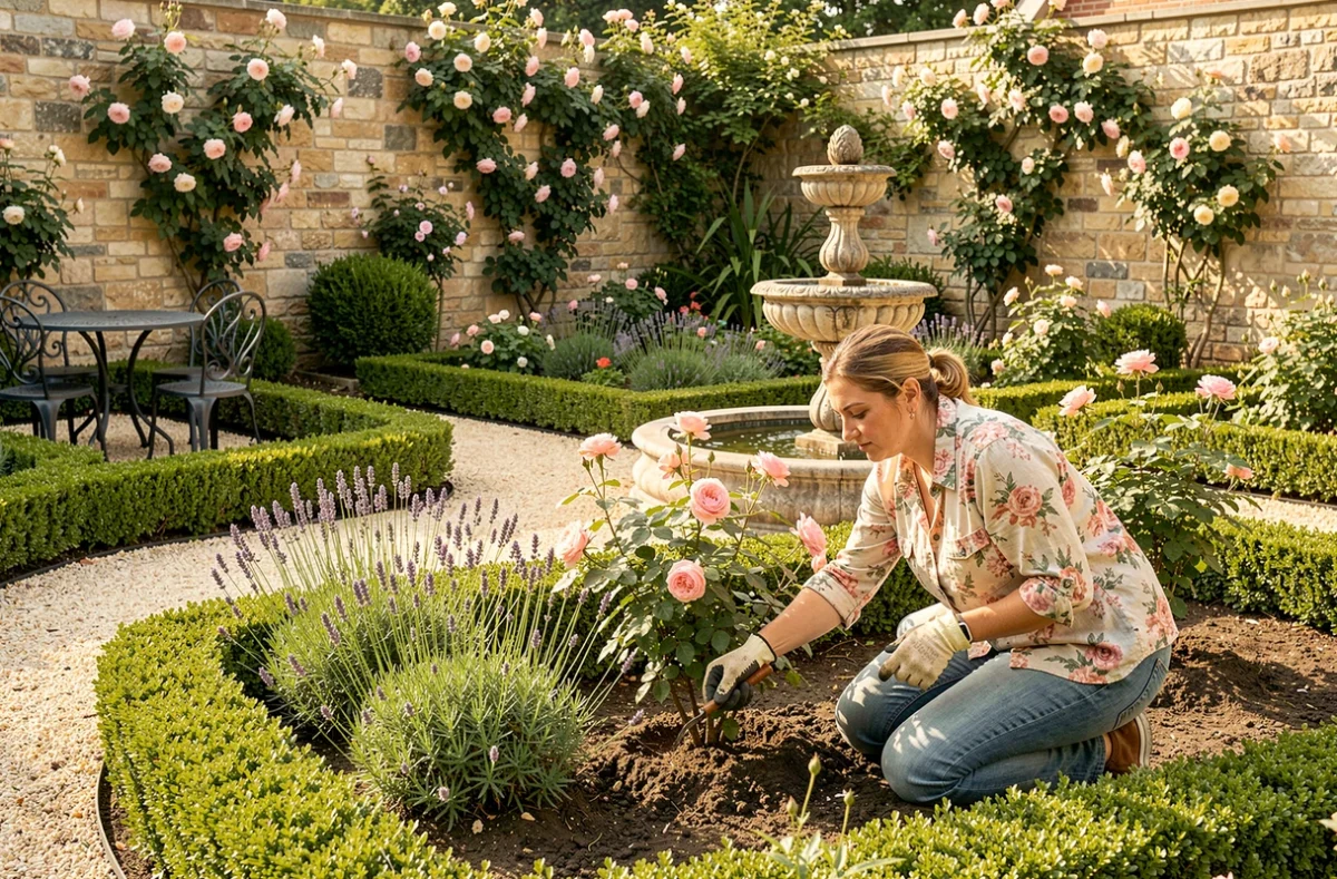 Jardinière de Pastel Paysage plantant des lavandes et rosiers dans un jardin d'agrément stéphanois avec fontaine en pierre