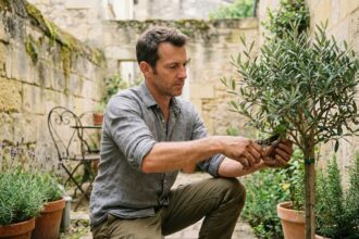 Paysagiste professionnel taillant un olivier dans un petit jardin urbain bordelais entouré de murs en pierre calcaire