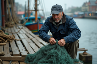 Homme d'âge moyen attachant un filet de pêche au quai en bois