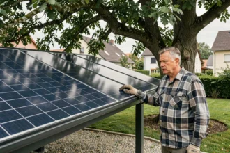 Pergola solaire en Alsace avec panneaux photovoltaïques partiellement ombrés par un arbre, erreur fréquente réduisant la production d'énergie à Geispolsheim