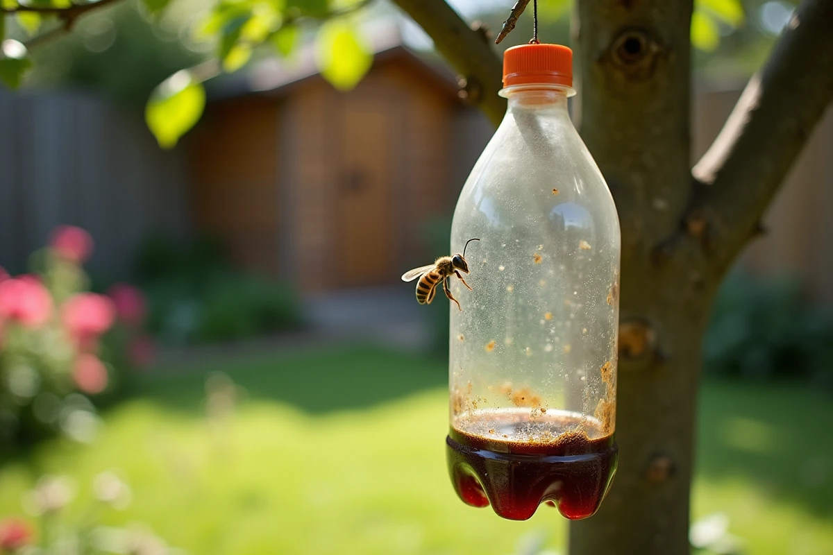 Piège artisanal contre les frelons asiatiques fabriqué à partir d'une bouteille en plastique suspendue à une branche d'arbre fruitier dans un jardin, avec un frelon visible sur le piège