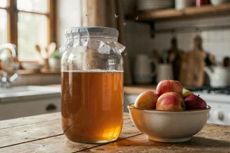 Piège attrape moucherons maison avec vinaigre de cidre et film plastique posé sur un comptoir en bois avec des fruits mûrs