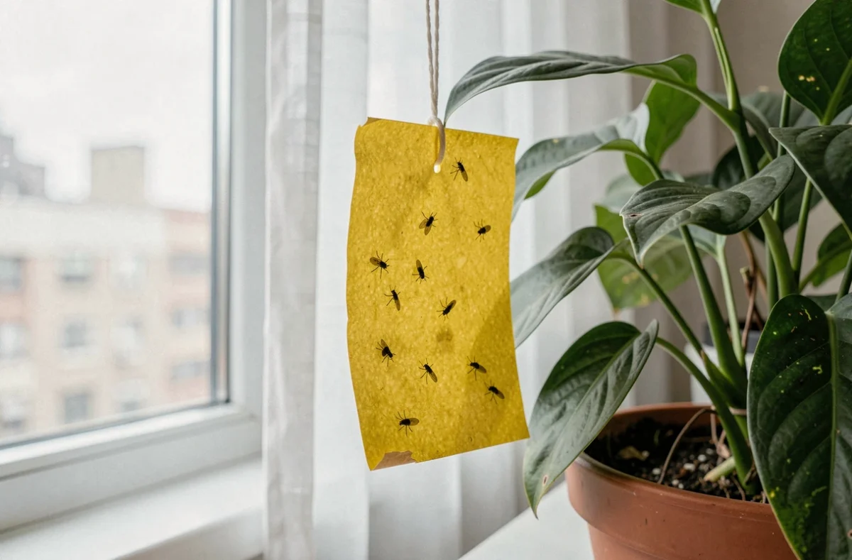 Piège collant jaune pour moucherons suspendu près d'une plante d'intérieur avec insectes capturés visibles sur la surface adhésive