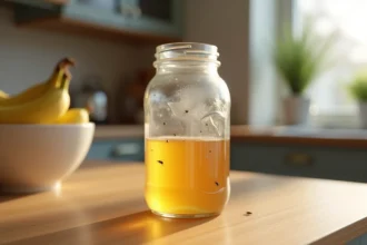 Piège à moucherons artisanal dans un bocal en verre avec vinaigre de cidre sur un plan de travail en bois