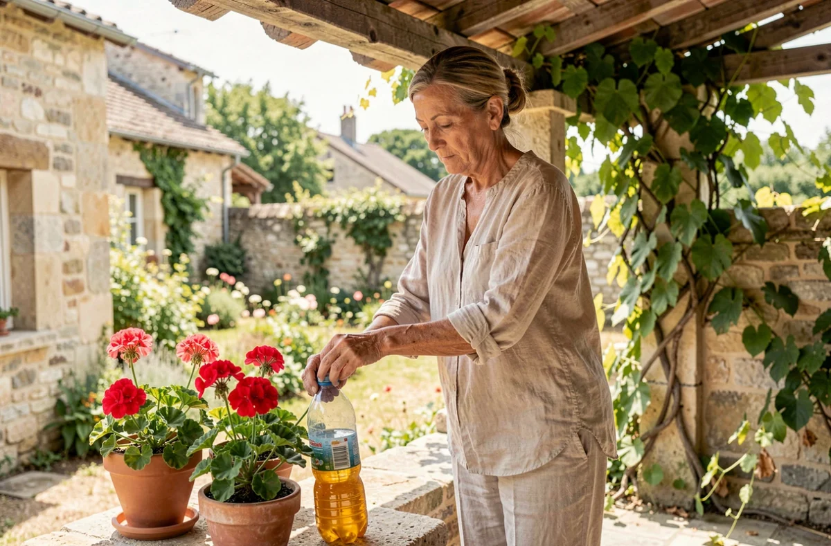 Femme installant un piège à mouches artisanal sur la terrasse d'une maison de campagne en été