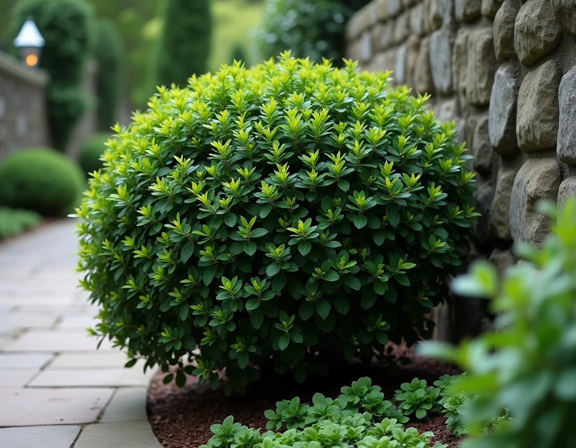 Arbuste Pittosporum Kohuhu planté en massif dans un jardin anglais avec mur en pierre en arrière-plan