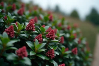 Gros plan sur les petites fleurs brun-noir du Pittosporum tenuifolium Kohuhu en pleine floraison dans un jardin