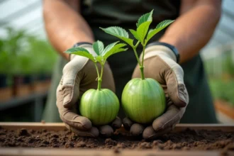 Comparaison entre un plant de melon greffé et un plant classique tenus à la main dans un jardin
