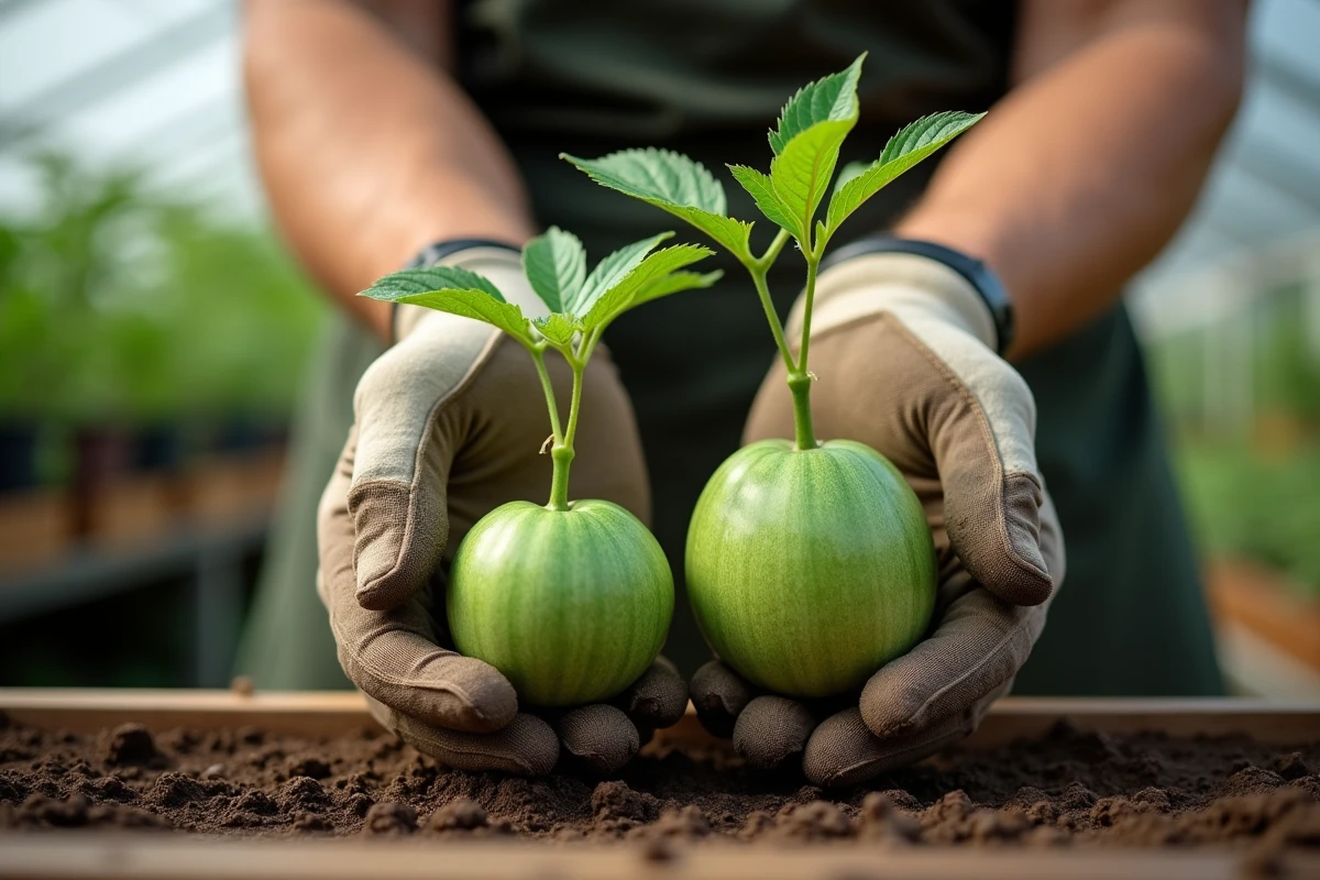 Comparaison entre un plant de melon greffé et un plant classique tenus à la main dans un jardin