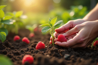 Mains de jardinier plantant des framboises dans la terre