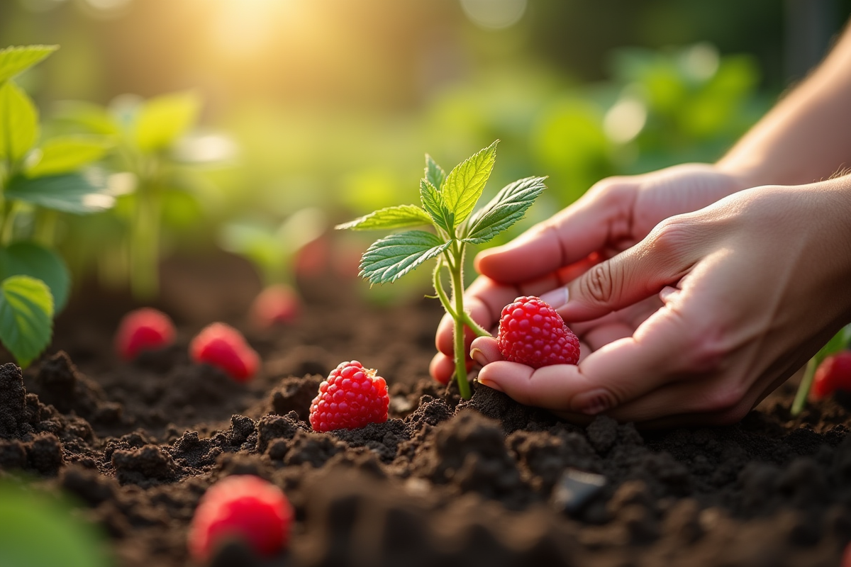 Mains de jardinier plantant des framboises dans la terre