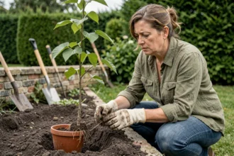 Femme jardinière examinant les racines d'un jeune mûrier platane avant plantation dans un jardin
