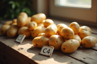 Pommes de terre fraîches sur une table en bois avec étiquettes C3 et C4