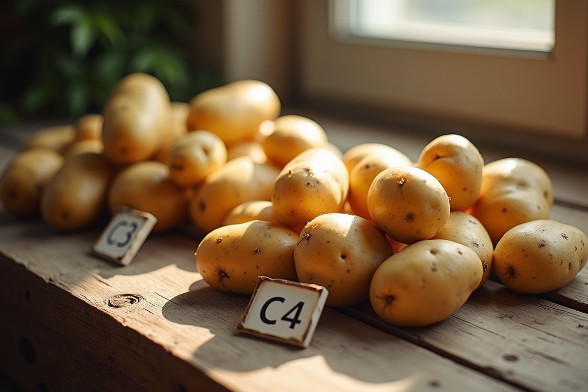 Pommes de terre fraîches sur une table en bois avec étiquettes C3 et C4