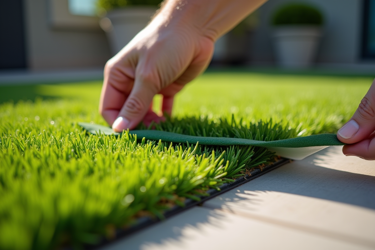 Main pressant le joint d'herbe artificielle en extérieur
