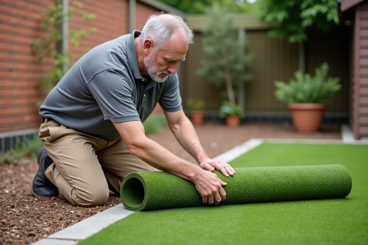 Homme installant un rouleau de gazon synthétique pas cher en bordure de jardin résidentiel avec finition soignée