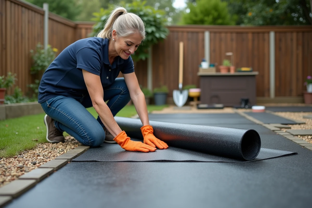 Pose de géotextile sur pavé autobloquant désherbé dans un jardin résidentiel