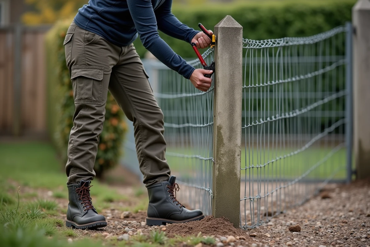 Femme fixant un panneau de grillage sur un ancien poteau en béton lors d'une pose sans ciment en jardin résidentiel