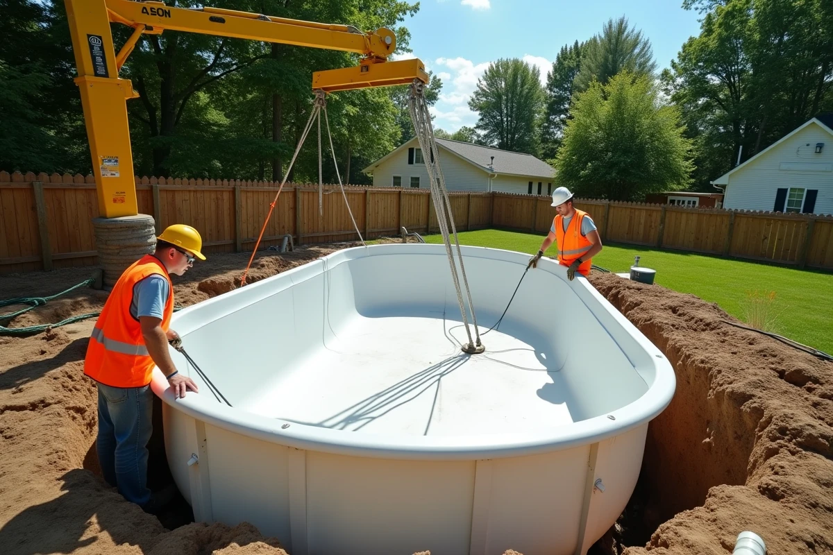 Pose d'une piscine coque en fibre de verre par grue dans un jardin résidentiel en cours d'installation