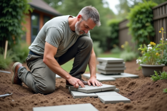 Homme moyenâge en train de poser une dalle dans un jardin