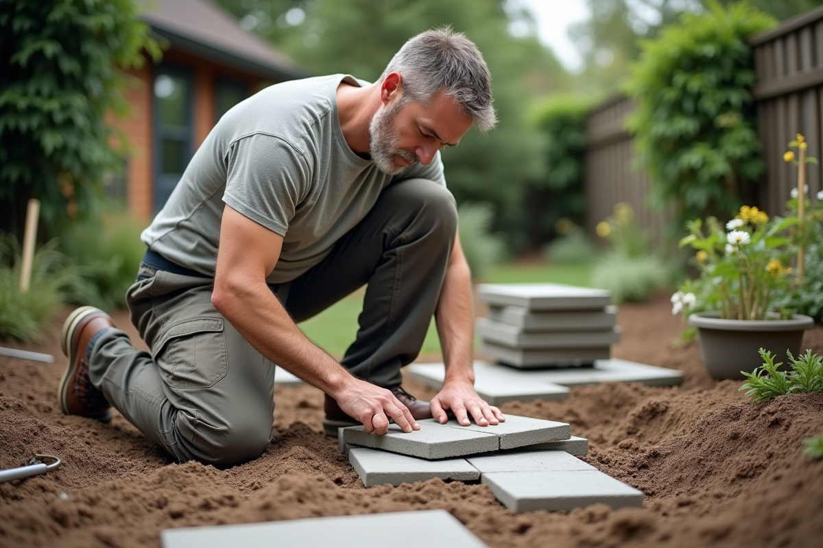 Homme moyenâge en train de poser une dalle dans un jardin