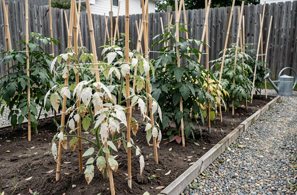 Vue large d'un potager avec des plants de tomates présentant des feuilles blanchies et décolorées en comparaison avec des plants sains