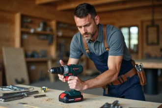Professionnel du bâtiment évaluant une perceuse sans fil Parkside Pro dans un atelier de menuiserie réaliste