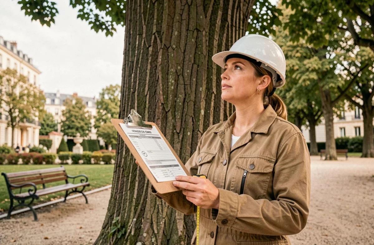 Professionnelle de l'élagage consultant un devis au pied d'un platane dans un parc de Tours