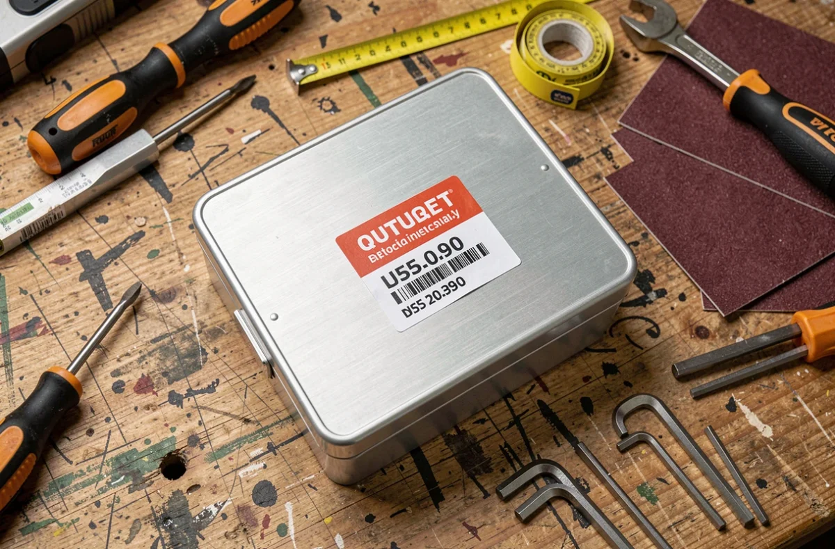 Gros plan d'un coffre métallique avec étiquette promotionnelle posé sur un établi de bricolage entouré d'outils, évoquant les meilleures promos Brico Dépôt 2026