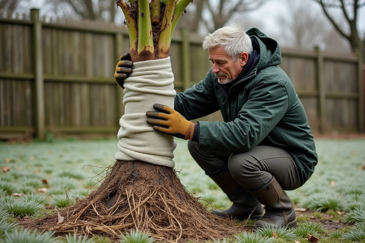 Jardinier protégeant un bananier pour l'hiver en l'emballant de voile d'hivernage et de paille en région froide