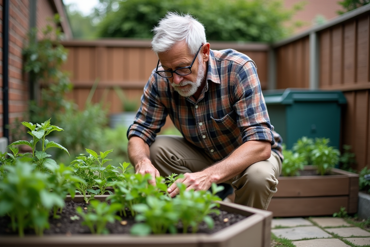 Homme âgé taillant des herbes dans un jardin en arrière-plan