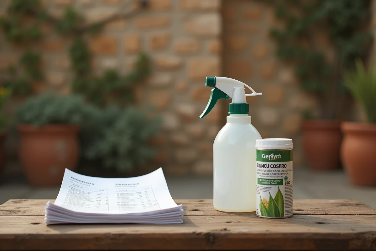 Gros plan sur un pulvérisateur agricole, une facture en euros et un bidon d'herbicide espagnol posés sur un établi en bois dans une ferme en Espagne