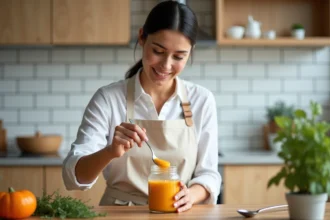 Jeune maman préparant une purée de courge maison pour bébé dans une cuisine en bois claire et naturelle