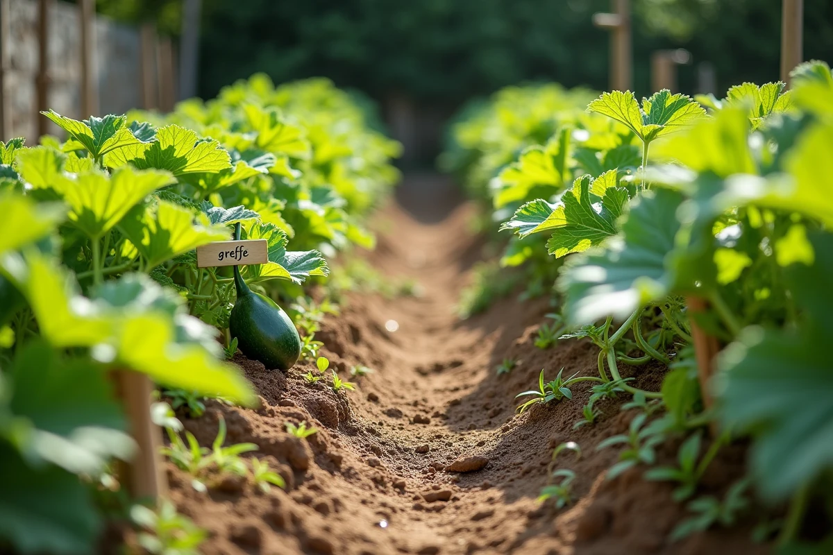 Rangées de plants de melon greffés et classiques en pleine croissance dans un potager estival