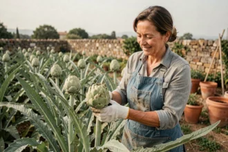 Femme récoltant un artichaut globe dans un potager provençal entouré de plantes aux grandes feuilles argentées