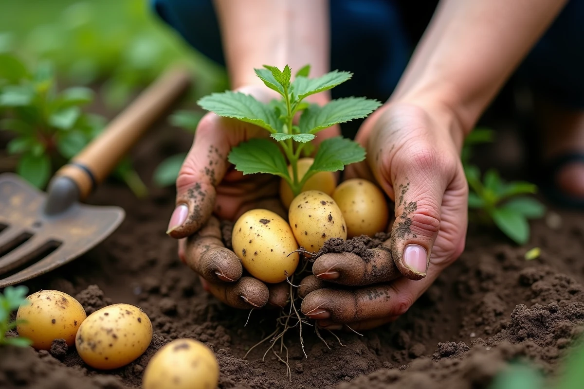Mains récoltant des pommes de terre mûres après floraison dans un potager avec de la terre visible sur les tubercules