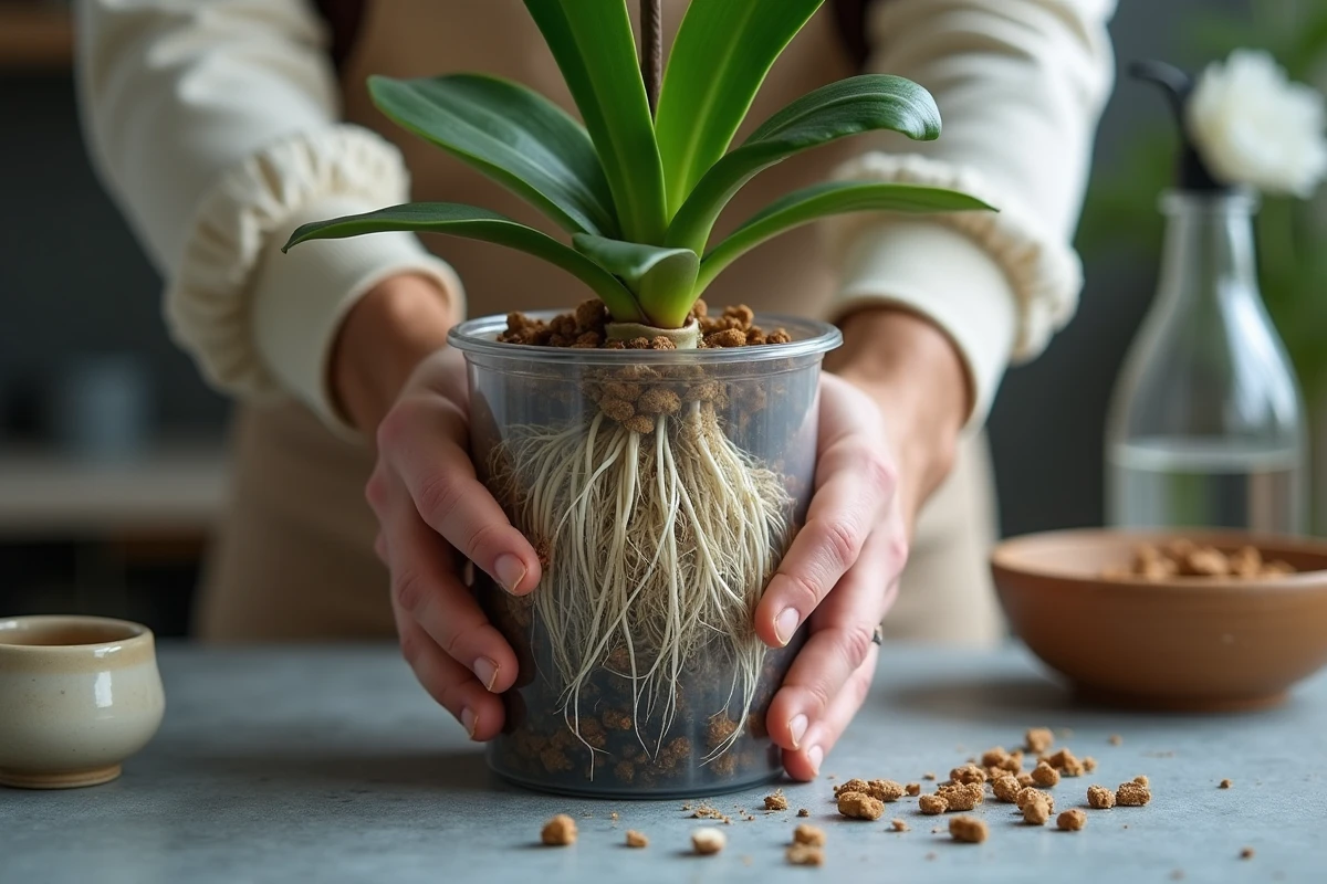 Mains masculines sortant une orchidée de son pot transparent pour montrer les racines aériennes lors d'un rempotage