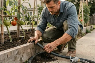 Jardinier remplaçant un ancien système de goutte-à-goutte par une installation d'arrosage moderne dans un potager surélevé