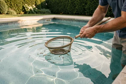 Main adulte utilisant une épuisette fine pour retirer des vers de la surface d'une piscine familiale propre