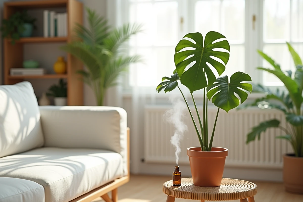 Intérieur de salon propre avec plante verte et piège autocollant jaune contre les moucherons près d'un monstera
