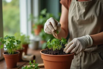 Femme semant des graines de persil dans un pot en terre cuite sur un rebord de fenêtre intérieur