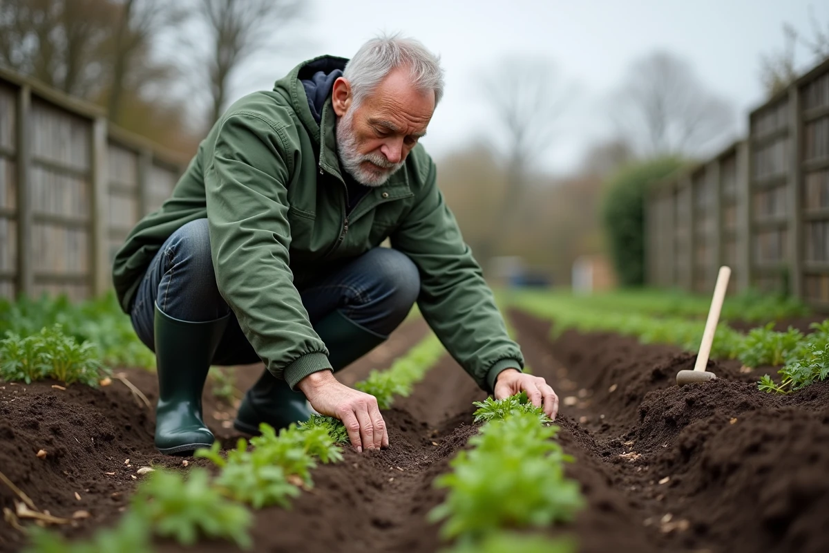 Jardinier âgé semant du persil en pleine terre dans un potager extérieur au printemps